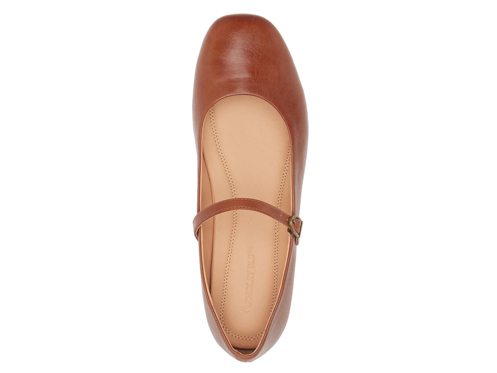 Brown leather rounded toe flat with over the instep buckle strap on a white background top view