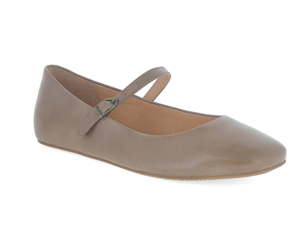 Taupe leather rounded toe flat with over the instep buckle strap on a white background side angle view