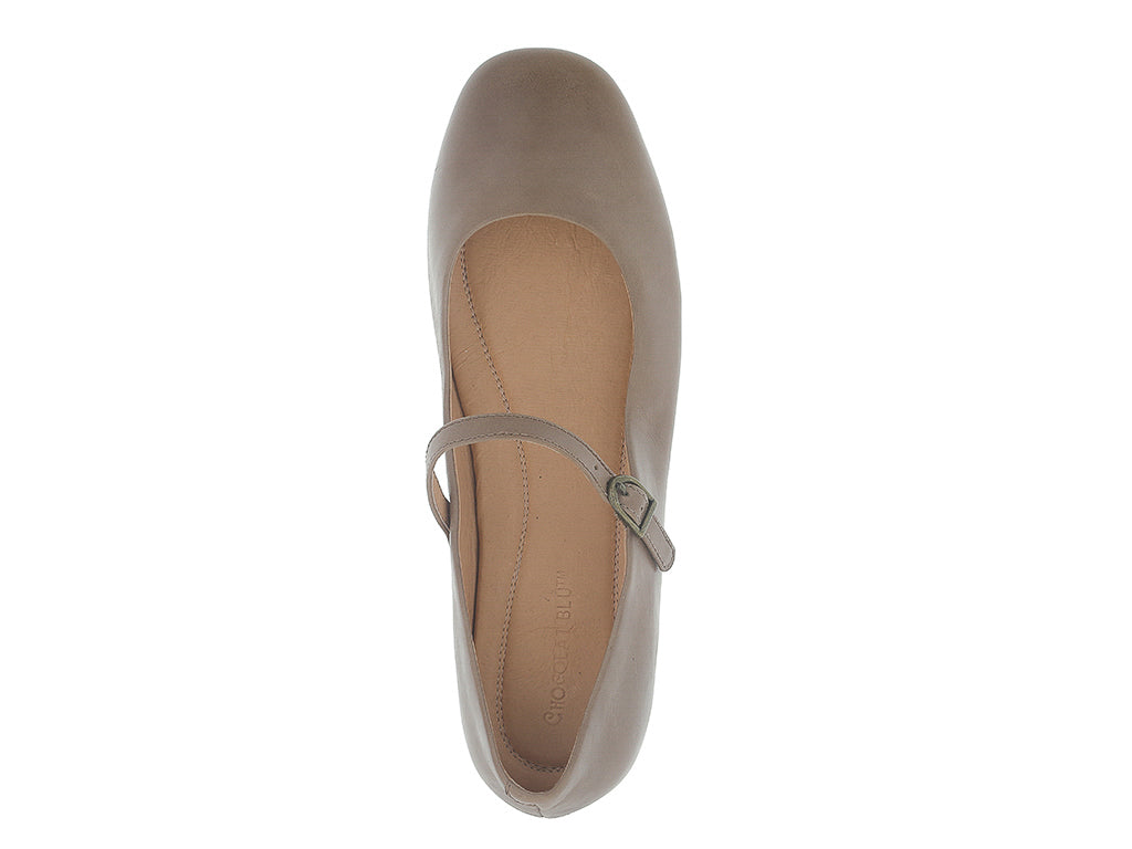 Taupe leather rounded toe flat with over the instep buckle strap on a white background top view