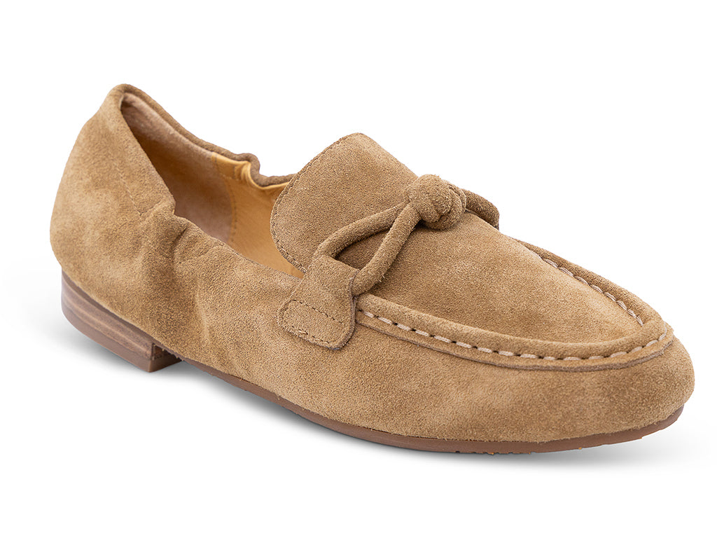 camel suede moccasin loafer with a knotted detail on the vamp - front 3/4 view