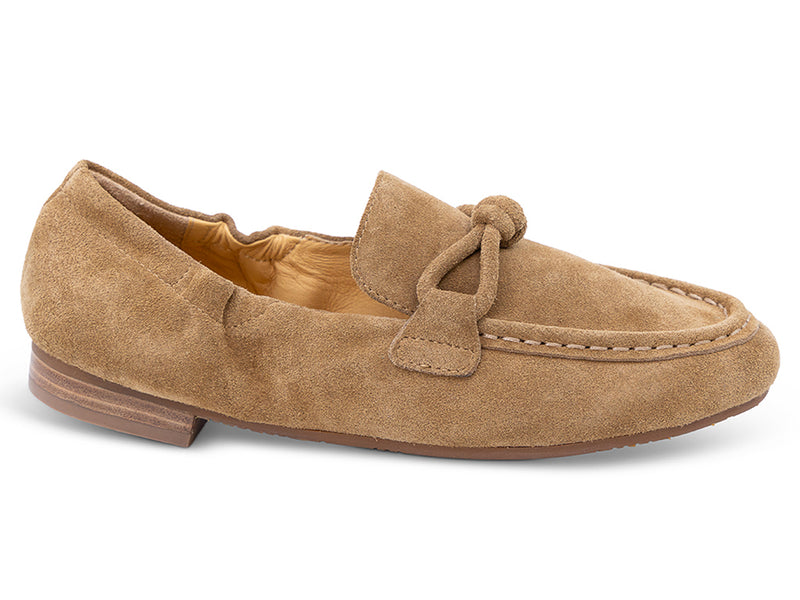 camel suede moccasin loafer with a knotted detail on the vamp - lateral side view