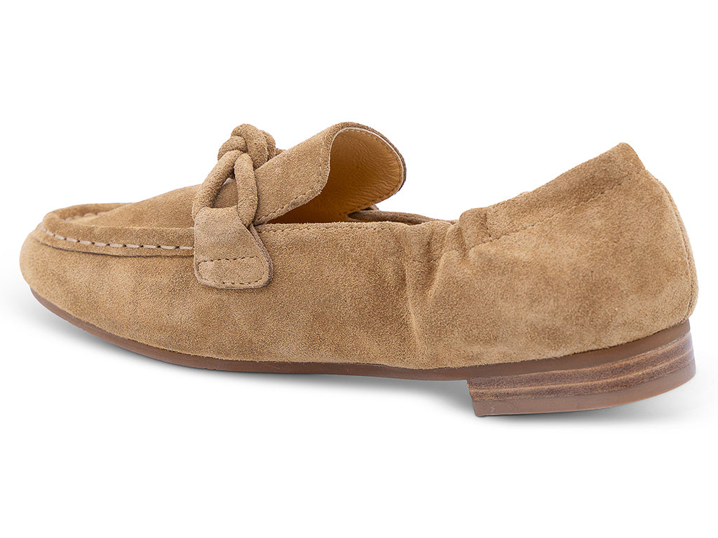 camel suede moccasin loafer with a knotted detail on the vamp - medial side view
