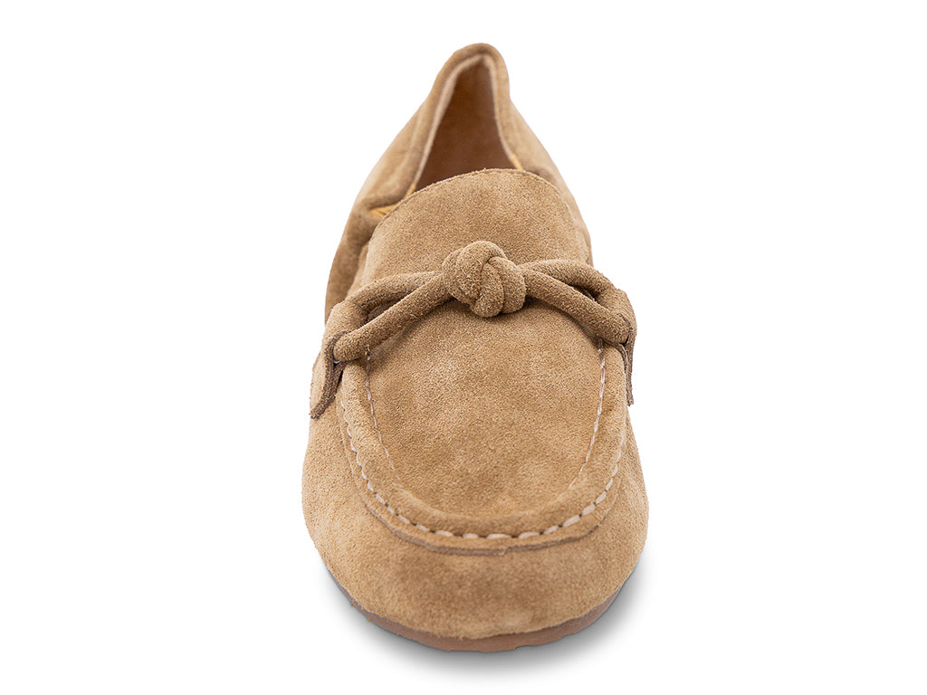 camel suede moccasin loafer with a knotted detail on the vamp - front view of toe shape and the upper