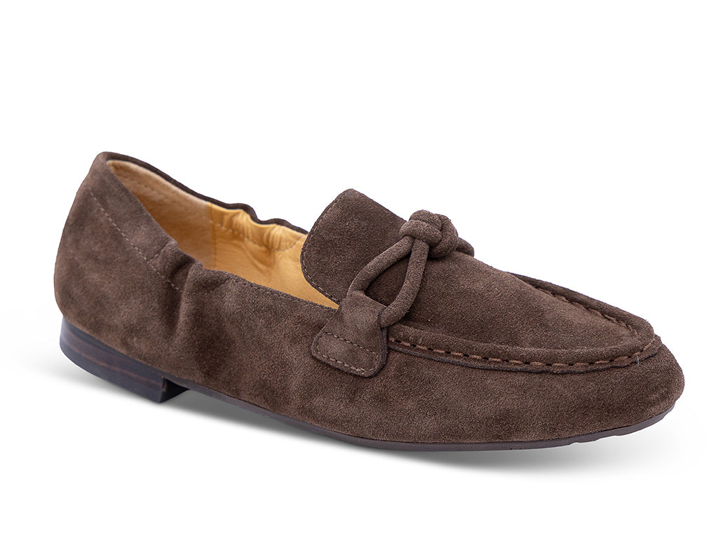 chocolate suede moccasin loafer with a knotted detail on the vamp - front 3/4 view