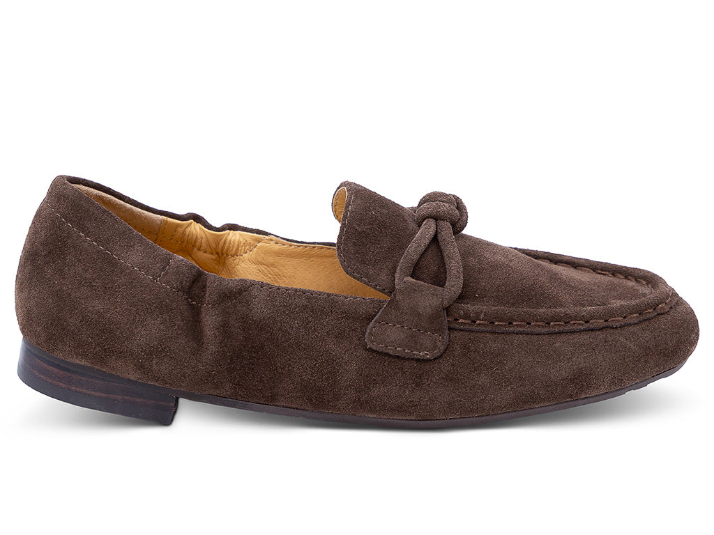 chocolate suede moccasin loafer with a knotted detail on the vamp - lateral side view