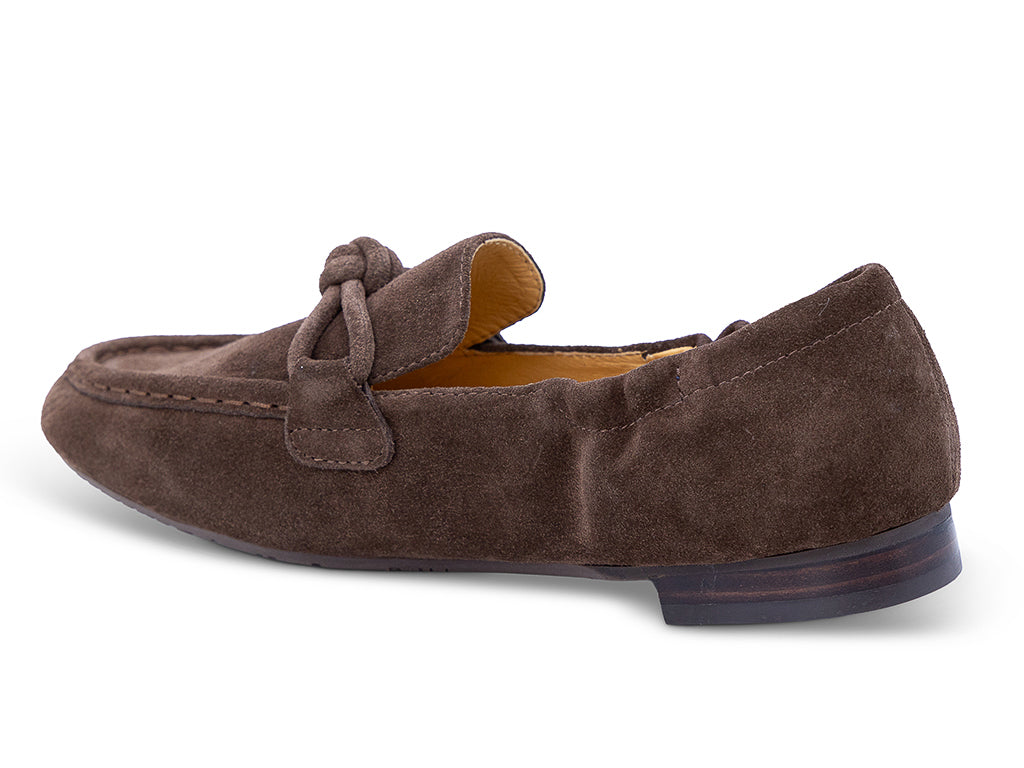 chocolate suede moccasin loafer with a knotted detail on the vamp - medial side view