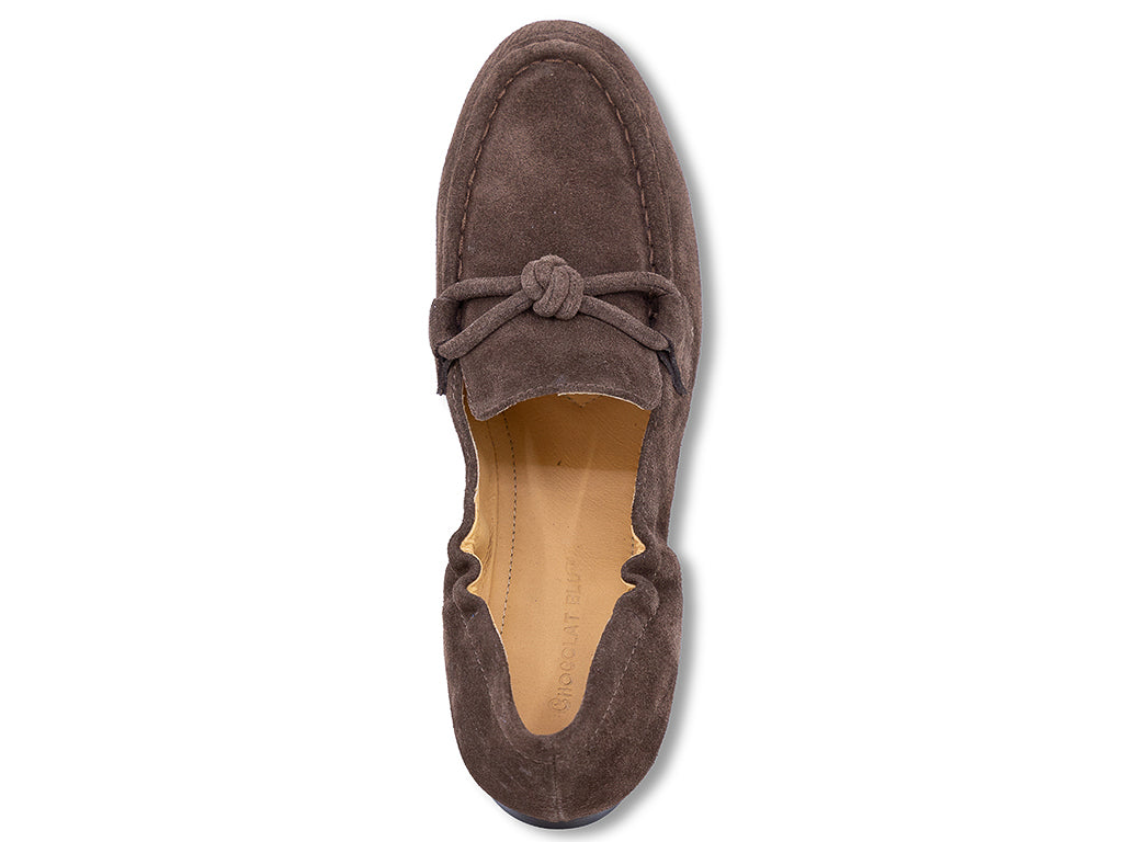 chocolate suede moccasin loafer with a knotted detail on the vamp - top view