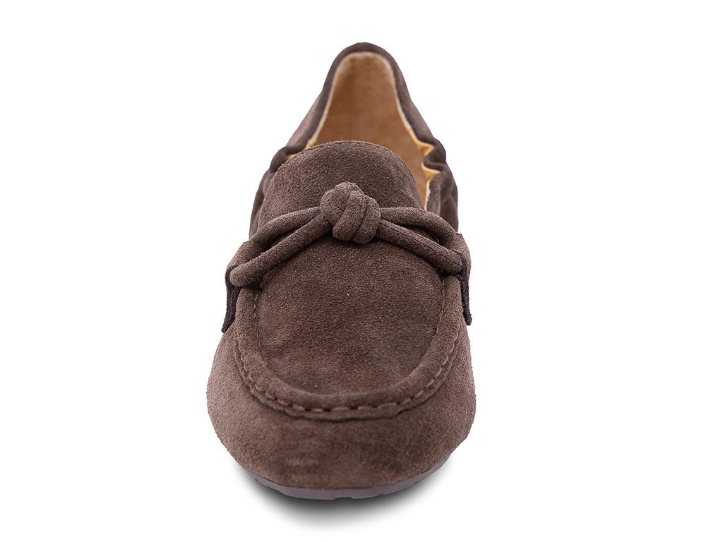 chocolate suede moccasin loafer with a knotted detail on the vamp - front view of the toe and the upper