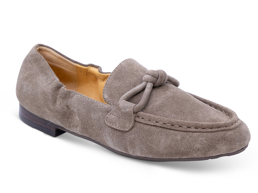taupe suede moccasin loafer with a knotted detail on the vamp - front 3/4 view