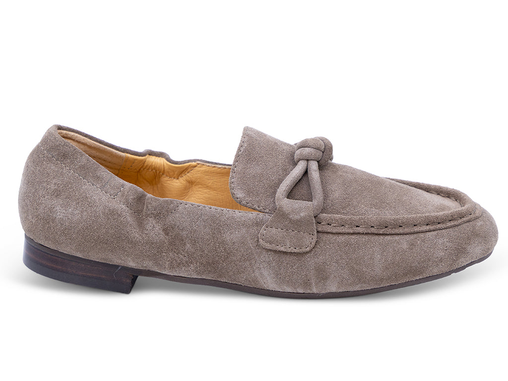 taupe suede moccasin loafer with a knotted detail on the vamp - outer side view