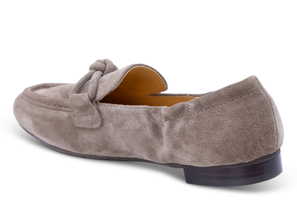 taupe suede moccasin loafer with a knotted detail on the vamp - inner side view
