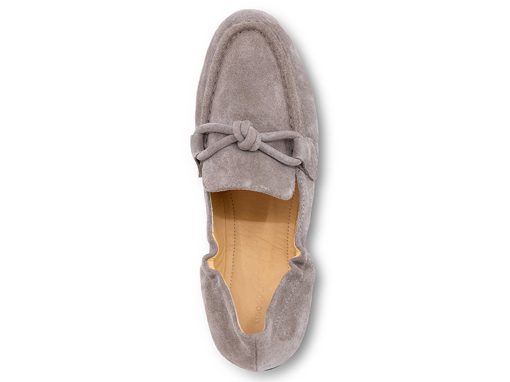 taupe suede moccasin loafer with a knotted detail on the vamp - top view