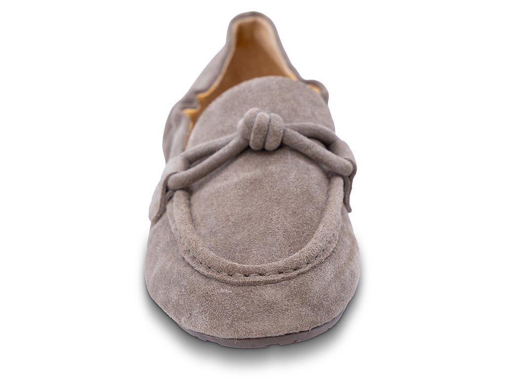 taupe suede moccasin loafer with a knotted detail on the vamp - front view 