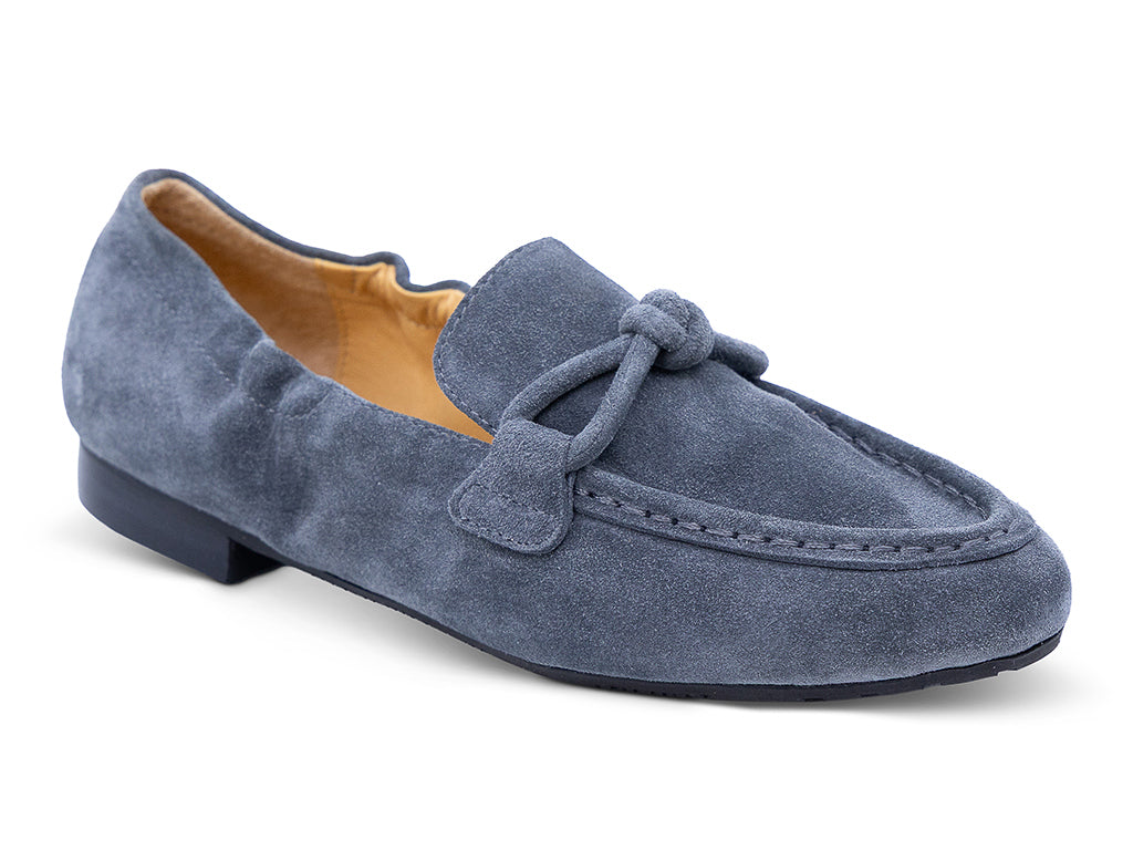 slate suede moccasin loafer with a knotted detail on the vamp - front 3/4 view