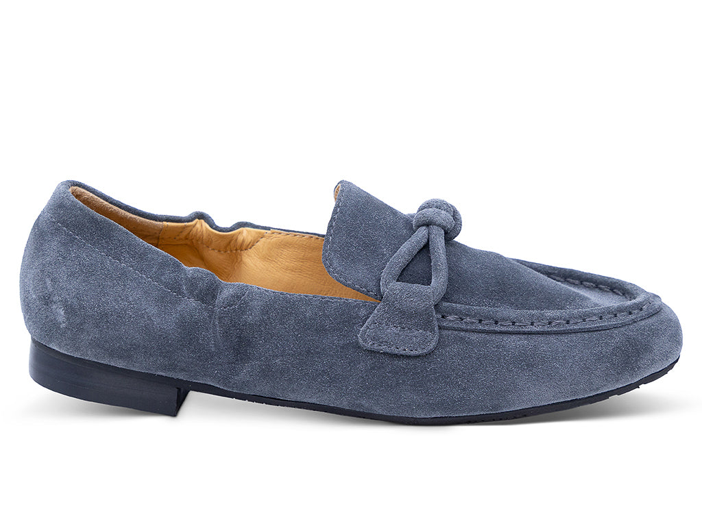 slate suede moccasin loafer with a knotted detail on the vamp - lateral side view