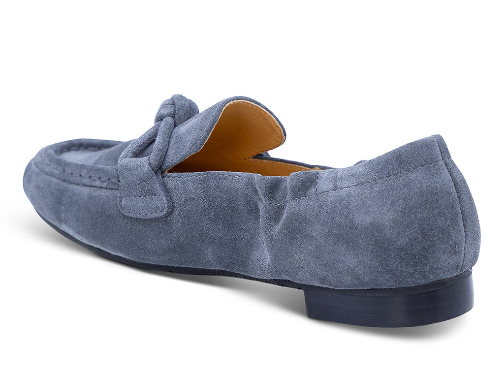 slate suede moccasin loafer with a knotted detail on the vamp - medial side view