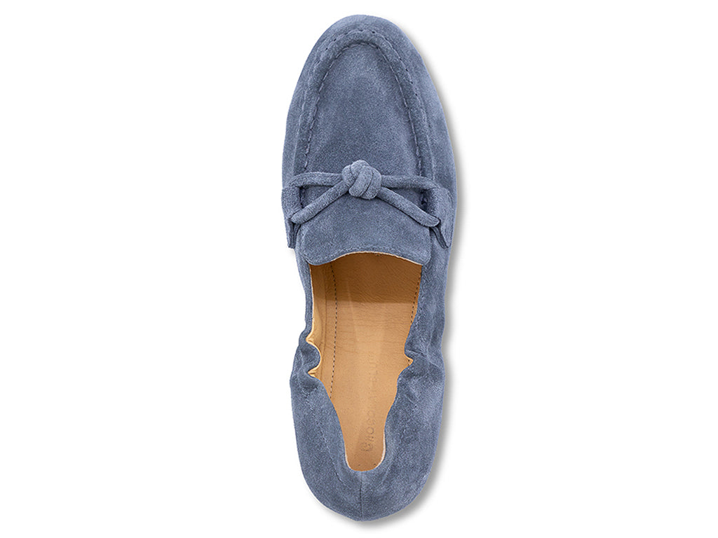 slate suede moccasin loafer with a knotted detail on the vamp - top view
