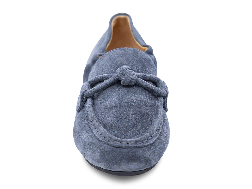 slate suede moccasin loafer with a knotted detail on the vamp - front view of the toe shape and upper