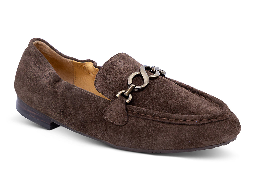 A chocolate suede loafer with a decorative metal horsebit detail across the vamp - front 3/4 view