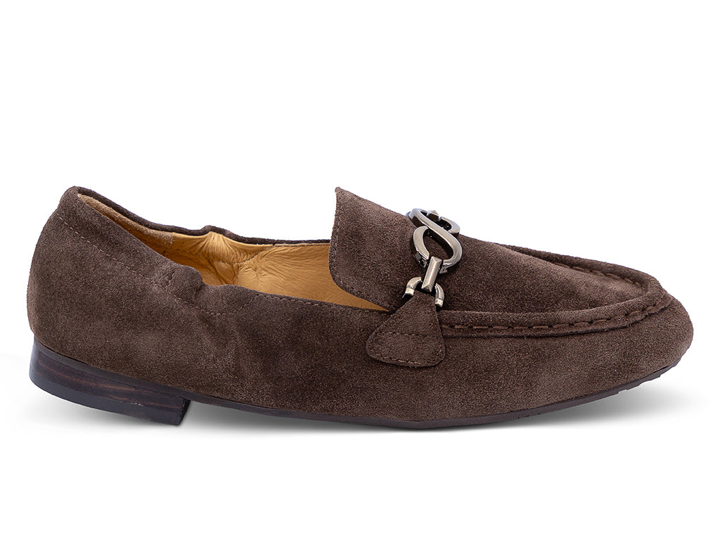 A chocolate suede loafer with a decorative metal horsebit detail across the vamp - lateral side view