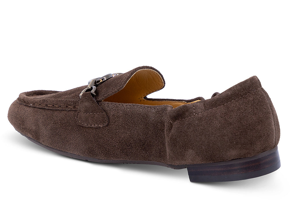 A chocolate suede loafer with a decorative metal horsebit detail across the vamp - medial side view