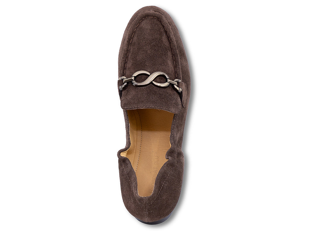 A chocolate suede loafer with a decorative metal horsebit detail across the vamp - top view