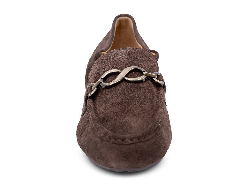 A chocolate suede loafer with a decorative metal horsebit detail across the vamp - front view of the toe shape and upper