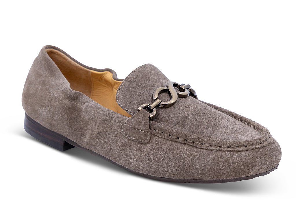 A taupe brown suede loafer with a decorative metal horsebit detail across the vamp - front 3/4 view
