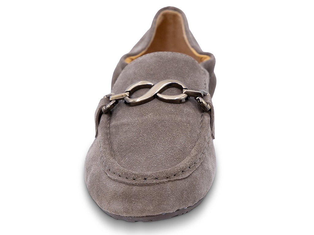 A taupe brown suede loafer with a decorative metal horsebit detail across the vamp - front view of toe shape and upper