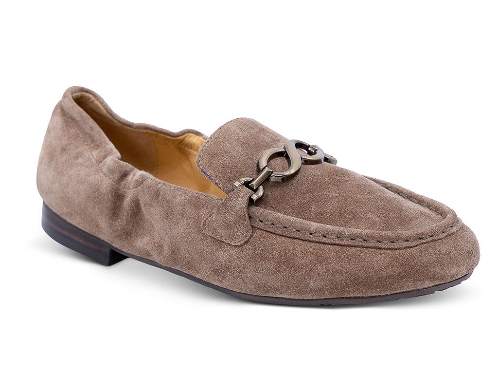 A toffee suede loafer with a decorative metal horsebit detail across the vamp - front 3/4 view