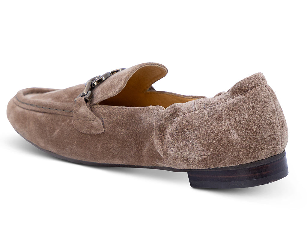 A toffee suede loafer with a decorative metal horsebit detail across the vamp - madial side view
