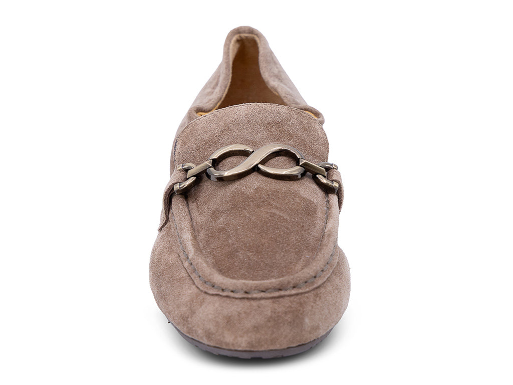 A toffee suede loafer with a decorative metal horsebit detail across the vamp - front view of the toe shape and upper