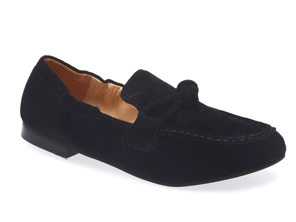 Black suede rounded toe flat with decorative cord design and elasticized sides on a white background side angle view