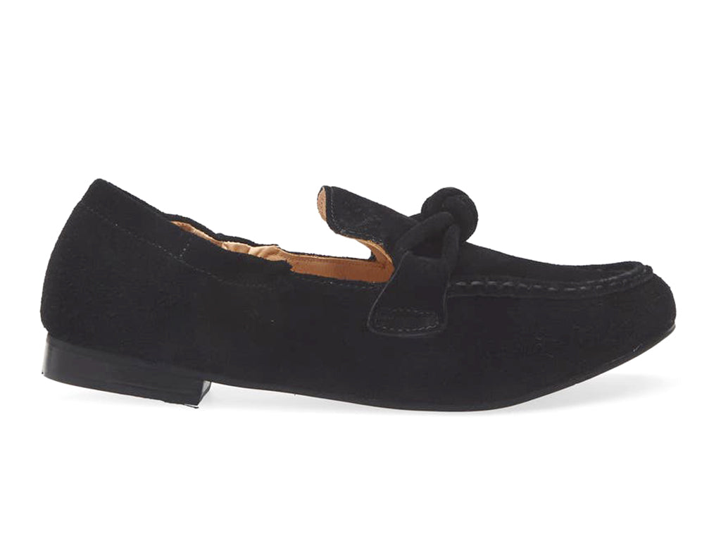 Black suede rounded toe flat with decorative cord design and elasticized sides on a white background side view