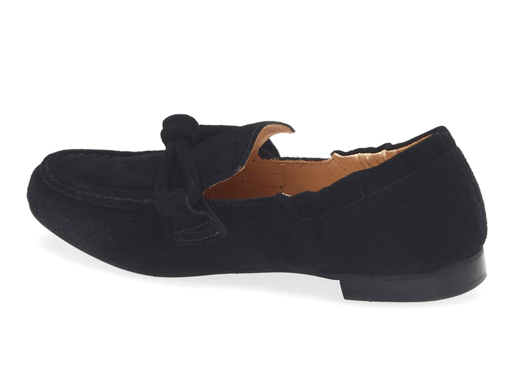Black suede rounded toe flat with decorative cord design and elasticized sides on a white background side angle view