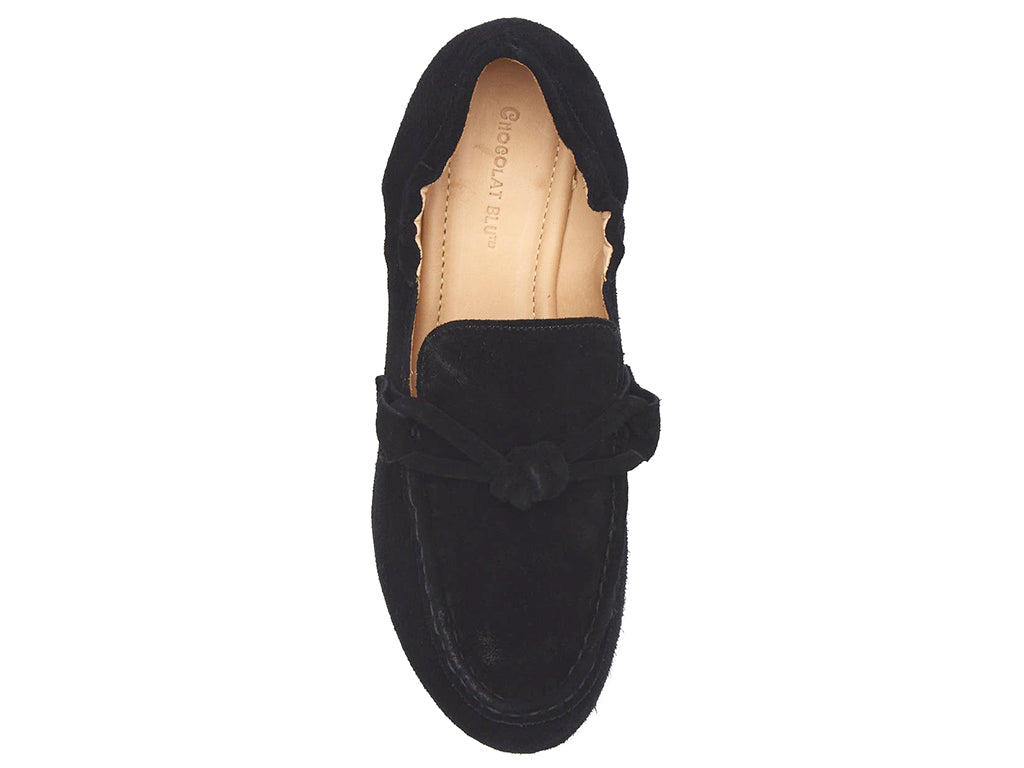 Black suede rounded toe flat with decorative cord design and elasticized sides on a white background top view