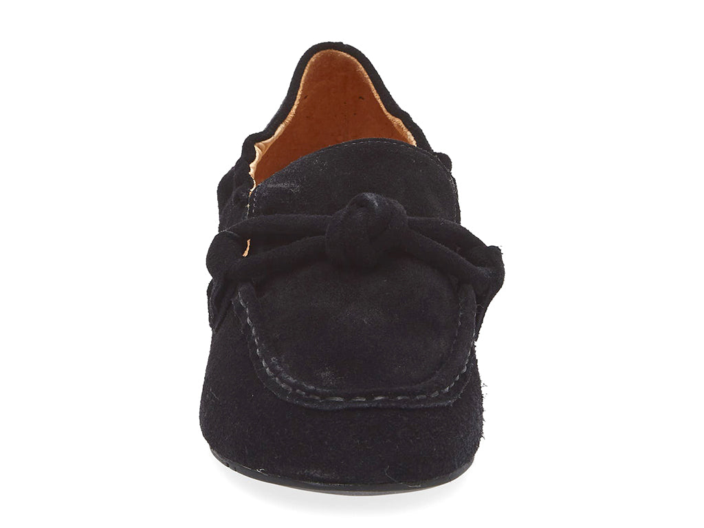 Black suede rounded toe flat with decorative cord design and elasticized sides on a white background front view