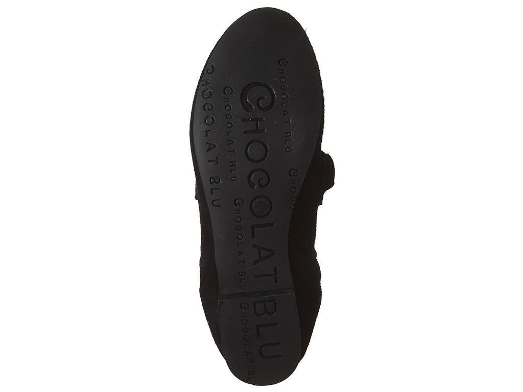 Black suede rounded toe flat with decorative cord design and elasticized sides on a white background bottom sole view
