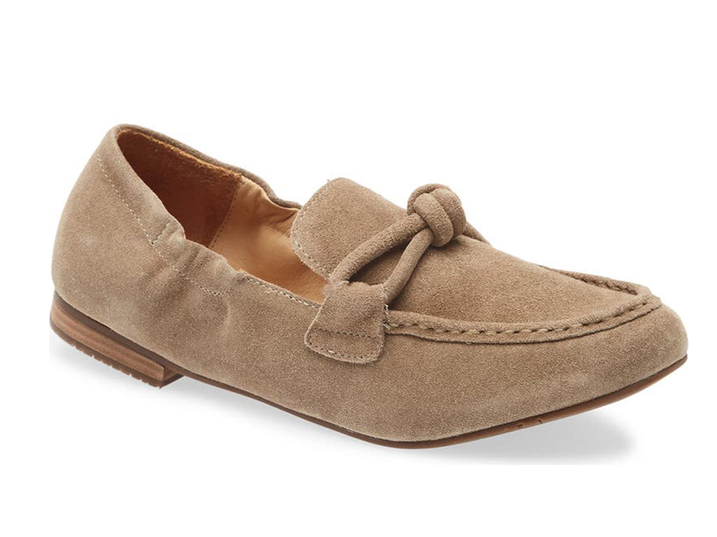 Camel suede rounded toe flat with decorative cord design and elasticized sides on a white background side angle view