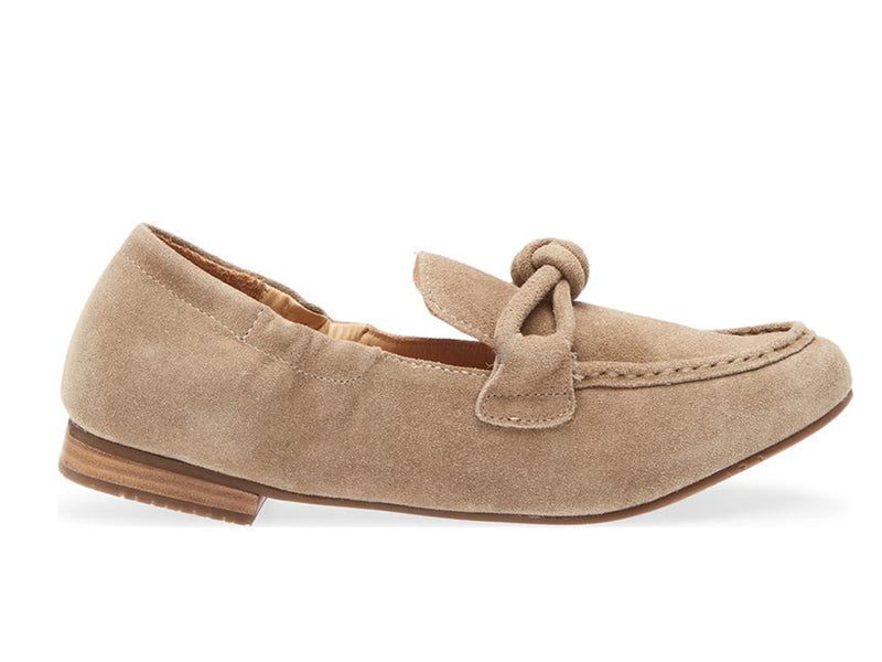 Camel suede rounded toe flat with decorative cord design and elasticized sides on a white background side view