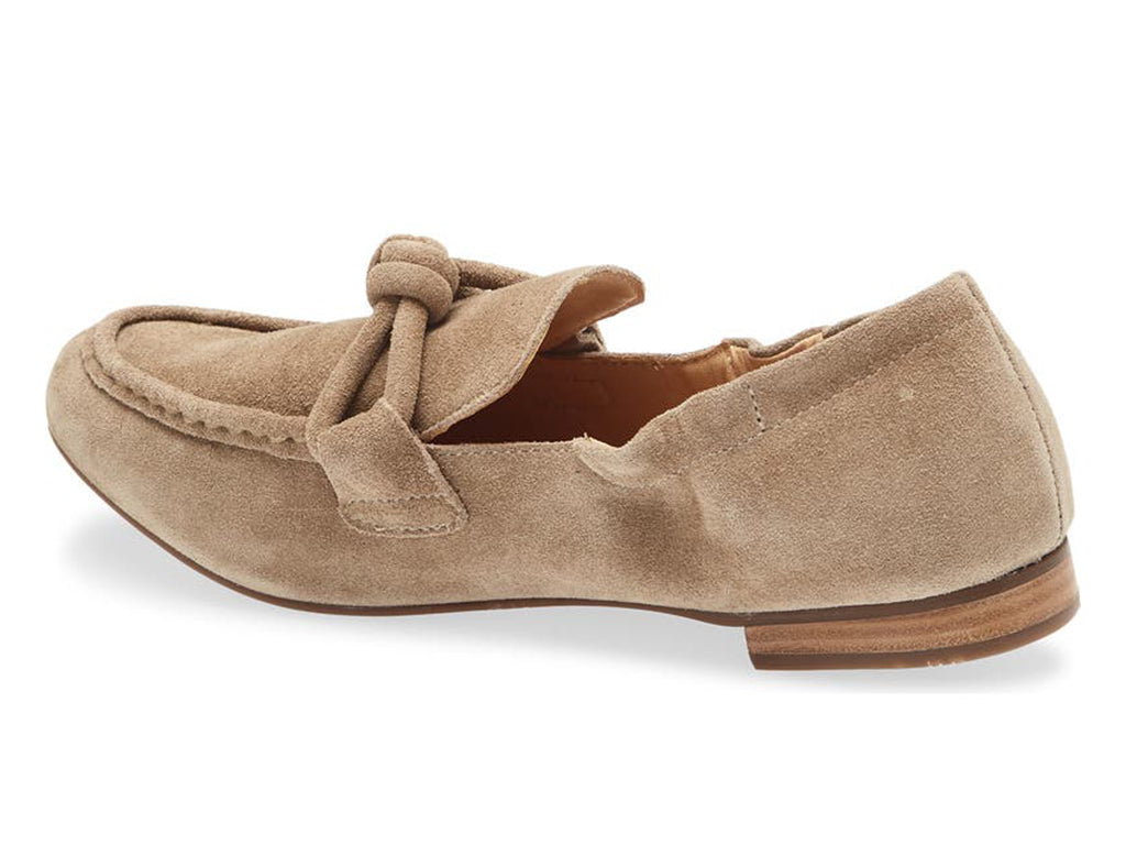 Camel suede rounded toe flat with decorative cord design and elasticized sides on a white background side angle view