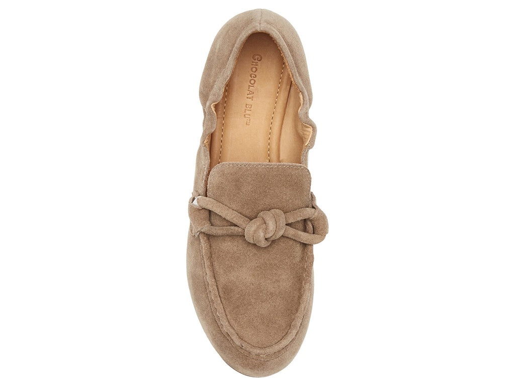 Camel suede rounded toe flat with decorative cord design and elasticized sides on a white background top view