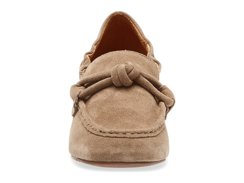Camel suede rounded toe flat with decorative cord design and elasticized sides on a white background front view