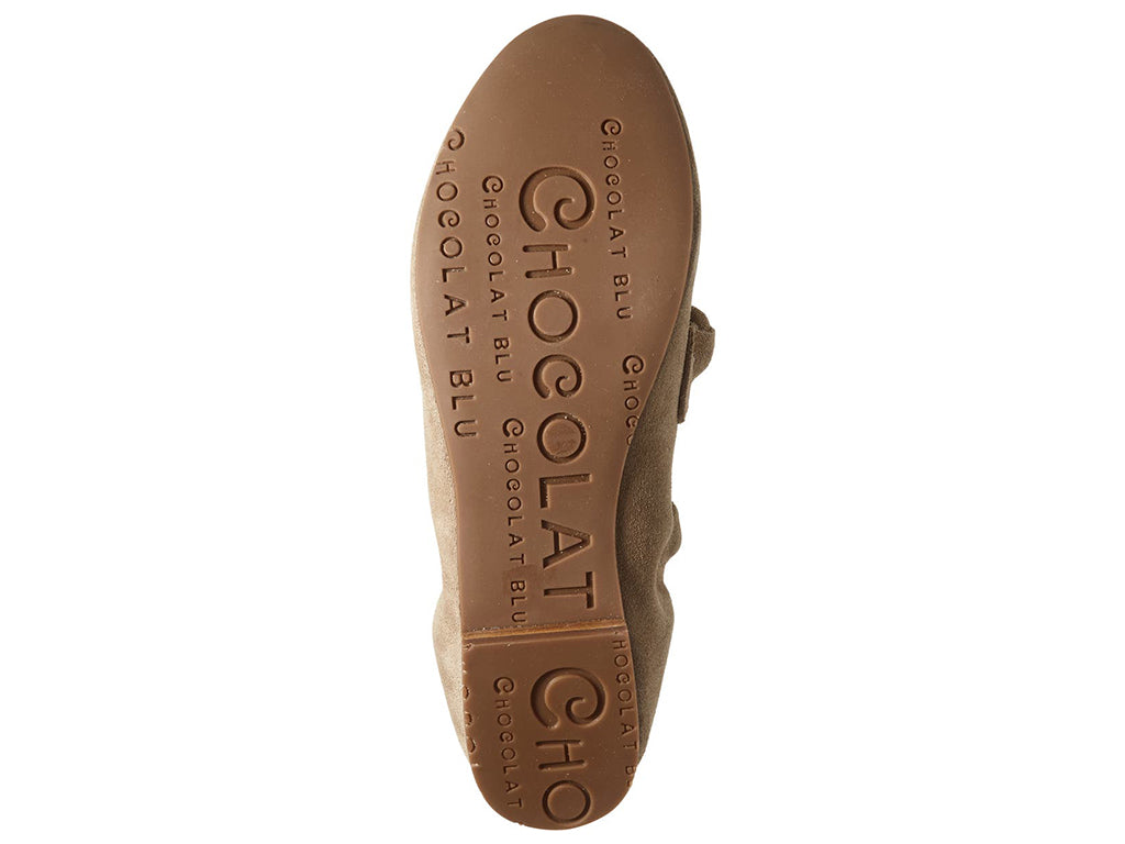 Camel suede rounded toe flat with decorative cord design and elasticized sides on a white background bottom sole view