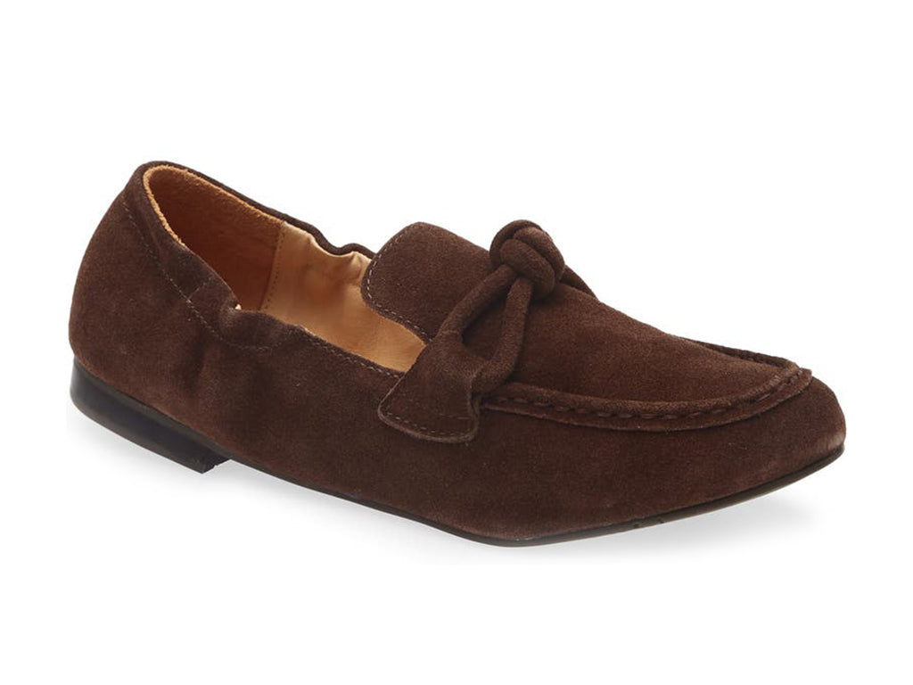 Chocolate suede rounded toe flat with decorative cord design and elasticized sides on a white background side angle view