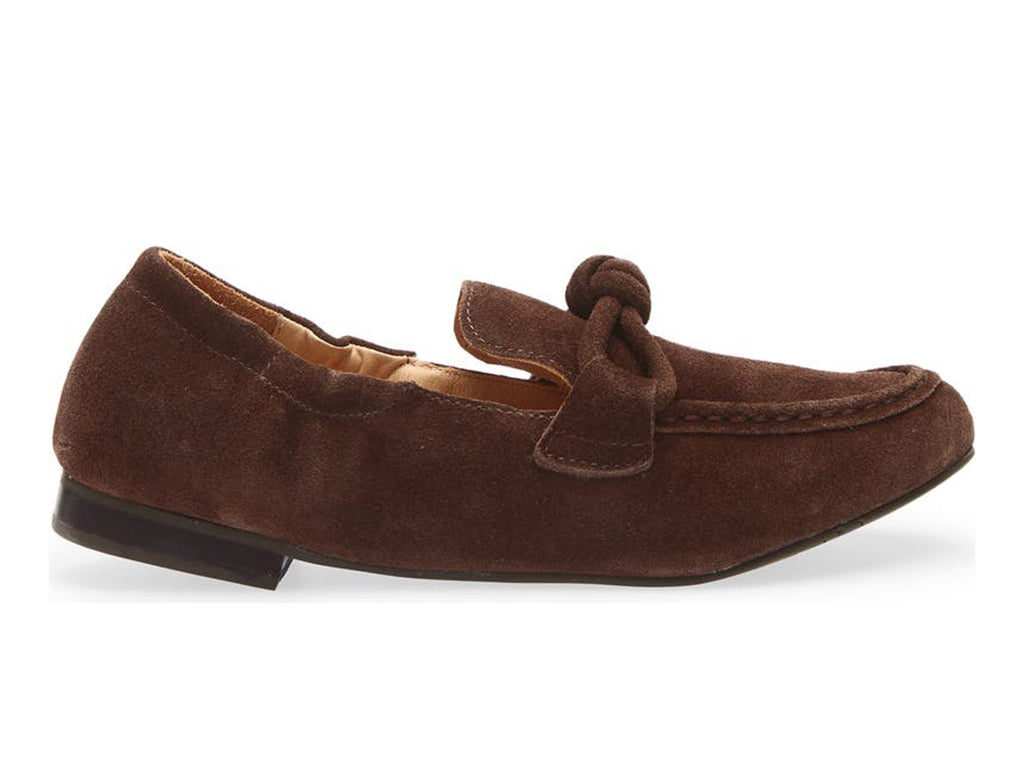 Chocolate suede rounded toe flat with decorative cord design and elasticized sides on a white background side view