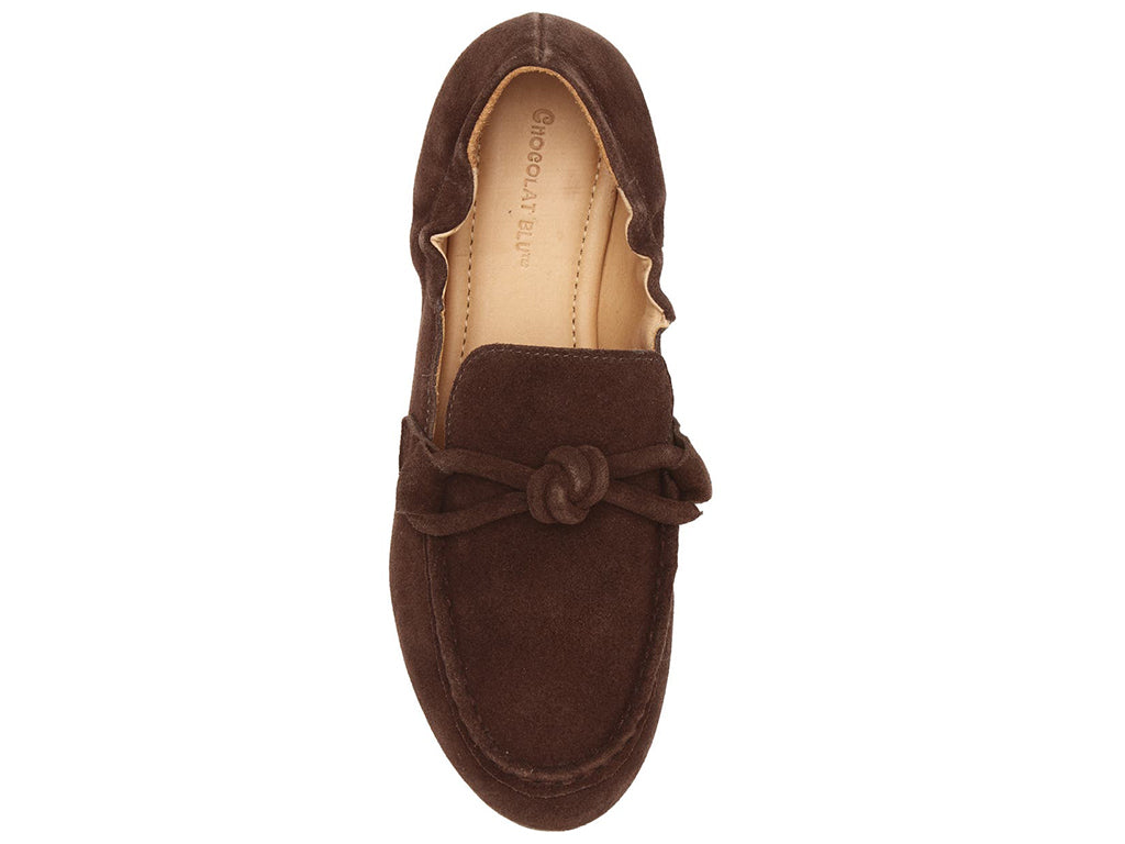 Chocolate suede rounded toe flat with decorative cord design and elasticized sides on a white background top view