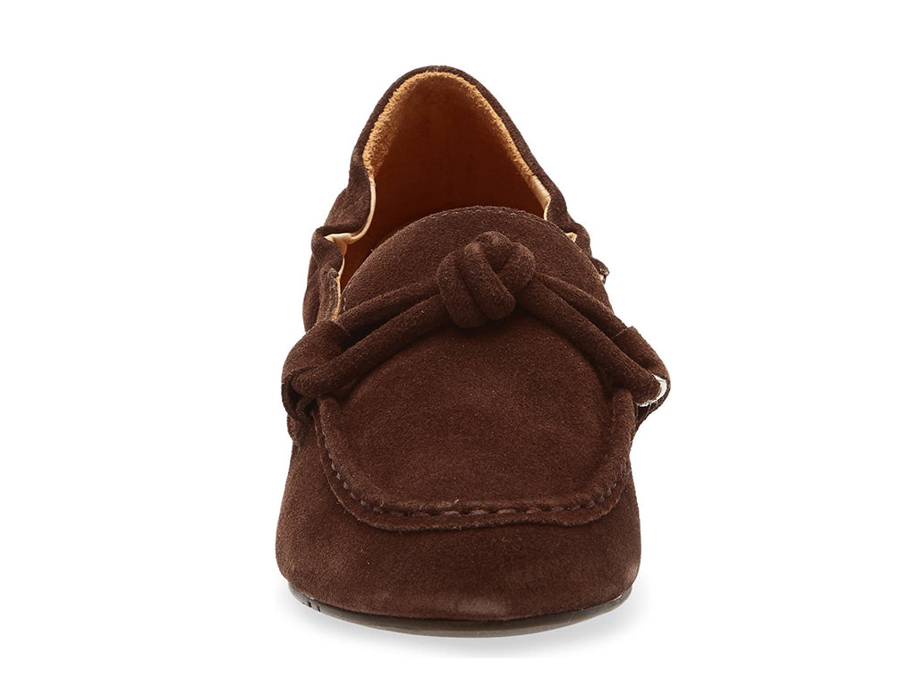 Chocolate suede rounded toe flat with decorative cord design and elasticized sides on a white background front view