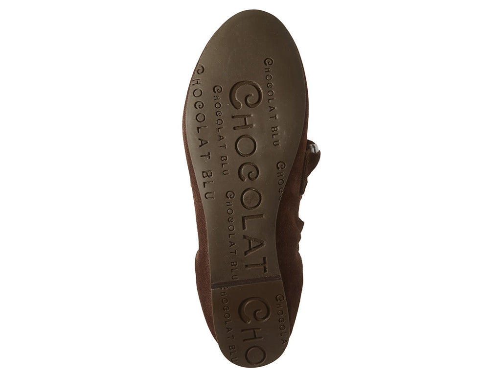 Chocolate suede rounded toe flat with decorative cord design and elasticized sides on a white background bottom sole view