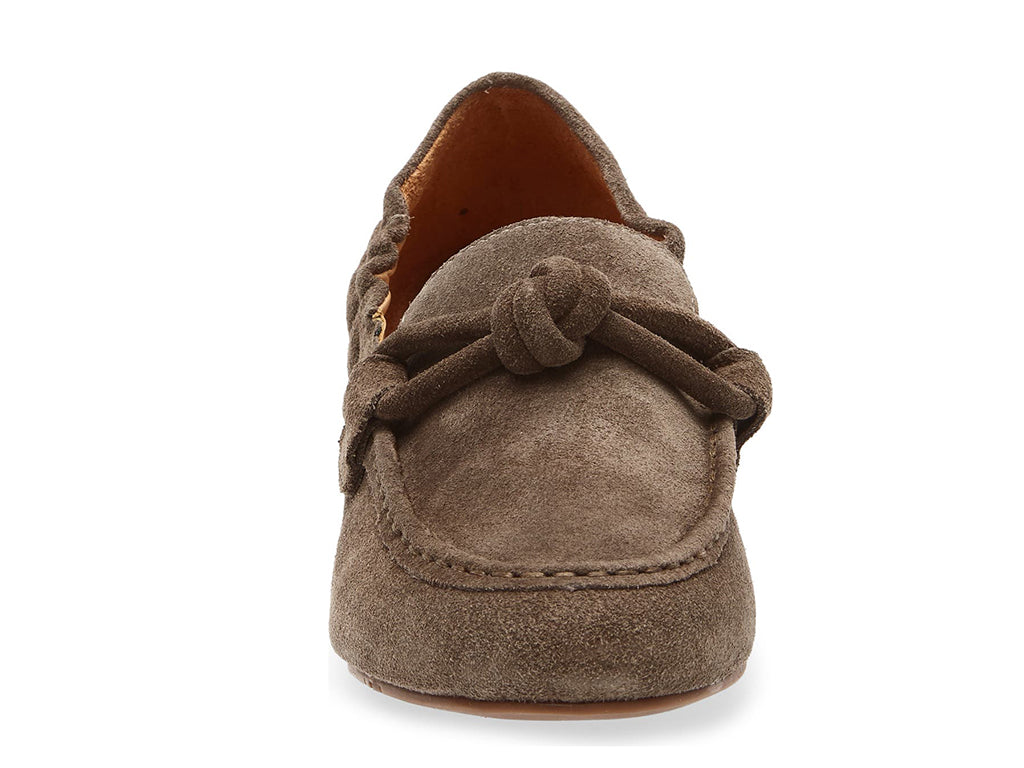 Dark tauoe suede rounded toe flat with decorative cord design and elasticized sides on a white background front view